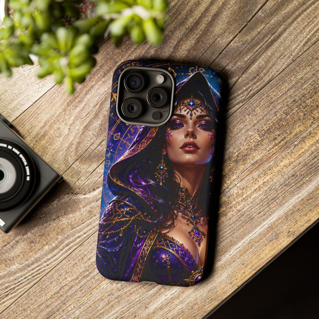 Phone Case — Mystical Sorceress Art Protective Tough Case (Astrology, Purple Hooded Witch)