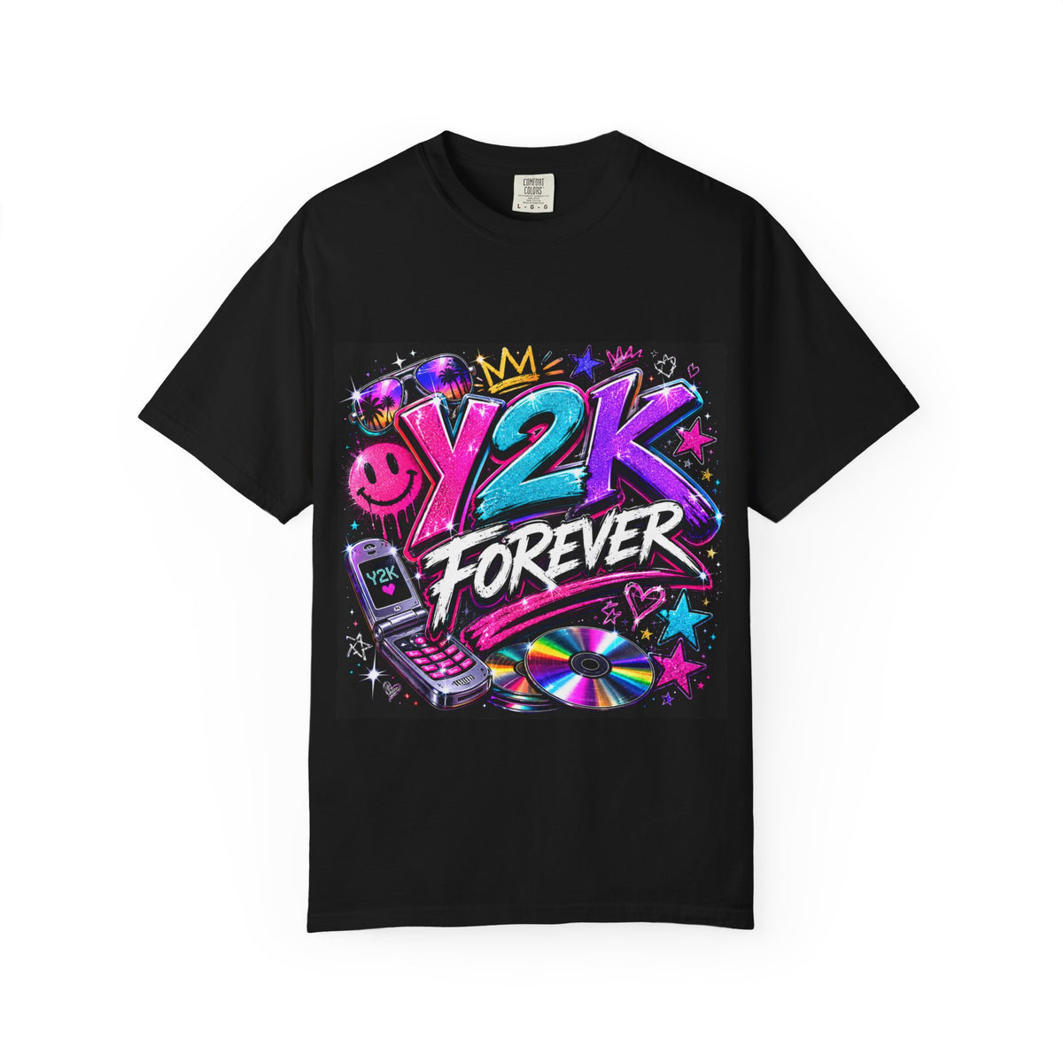 Y2K Forever graphic T-shirt | Retro 2000s phone, CD, neon design