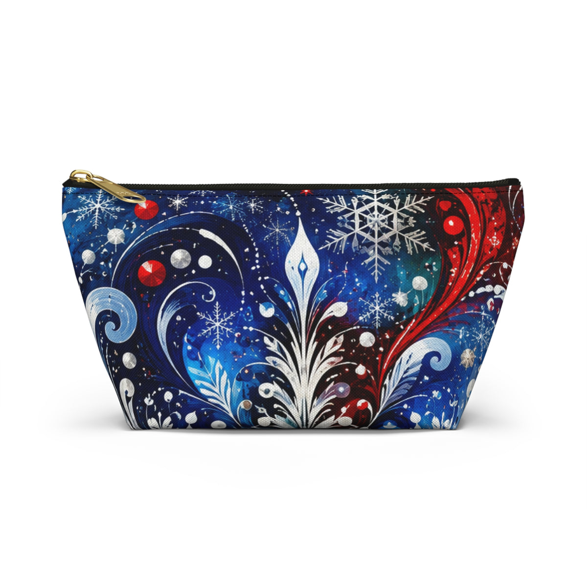 Winter Floral Accessory Pouch — Snowflake Cosmetic Bag with T-Bottom