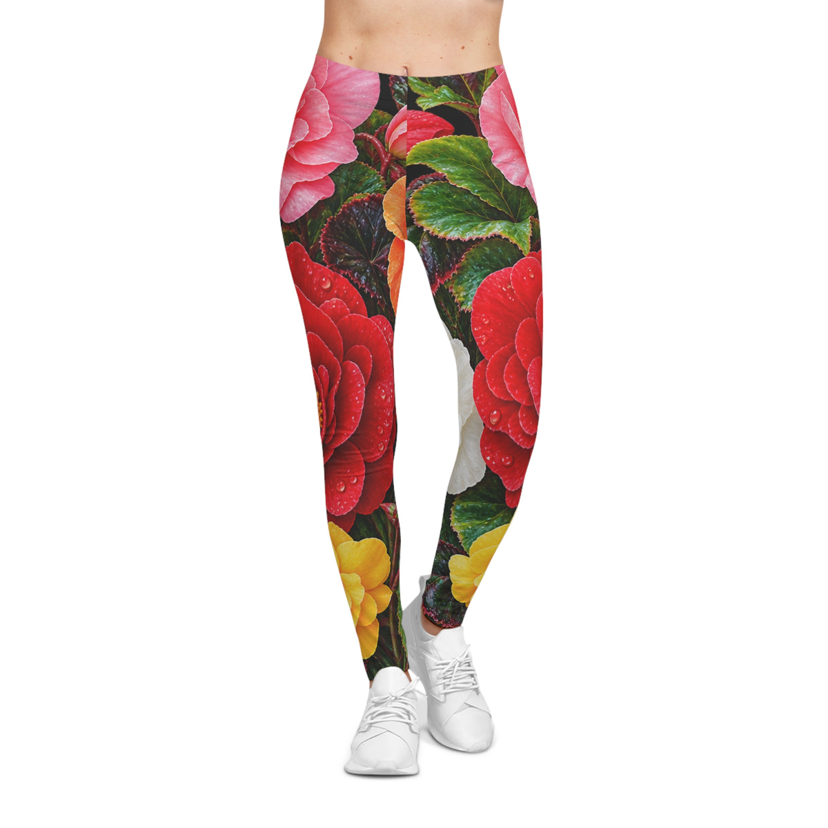 Floral Camellia Print Leggings — Colorful Botanical All-Over Print