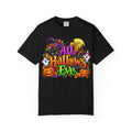 All Hallows Eve Halloween T-Shirt — Colorful Witch, Pumpkins & Ghosts Design