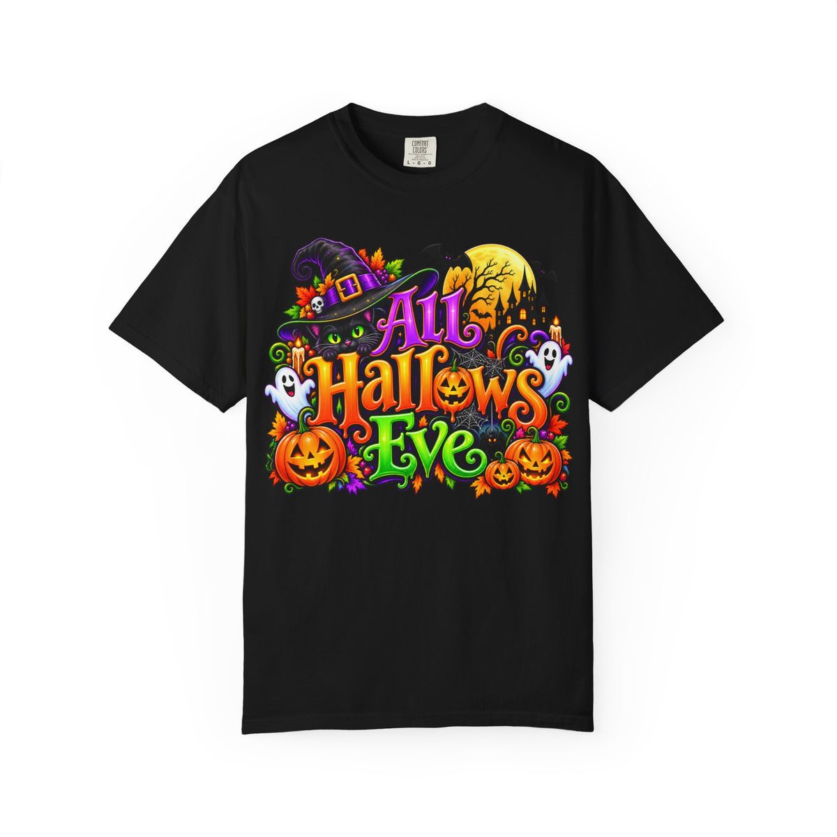 All Hallows Eve Halloween T-Shirt — Colorful Witch, Pumpkins & Ghosts Design