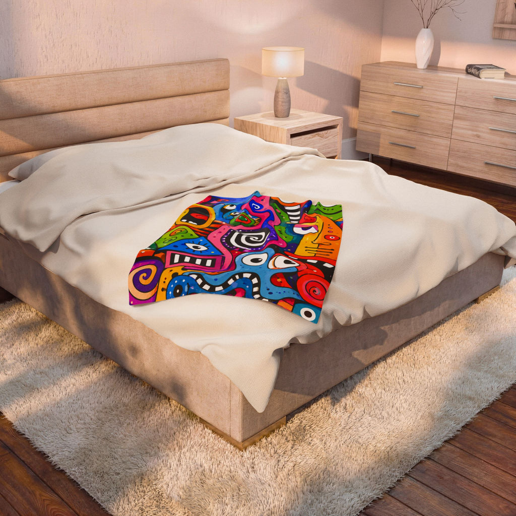 Abstract Pop Art Velveteen Plush Blanket — Colorful Psychedelic Faces Throw