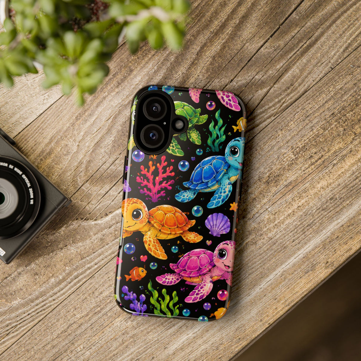 Phone Case — Colorful Cute Sea Turtles on Black (Protective Smartphone Cover)