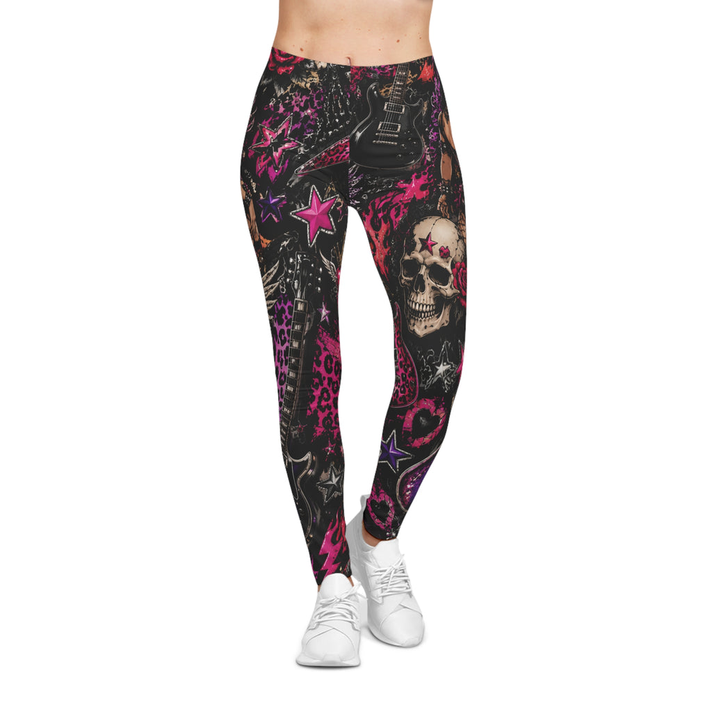 Rock Skull Pattern Leggings — Gothic Pink Skull & Guitar All-Over Print