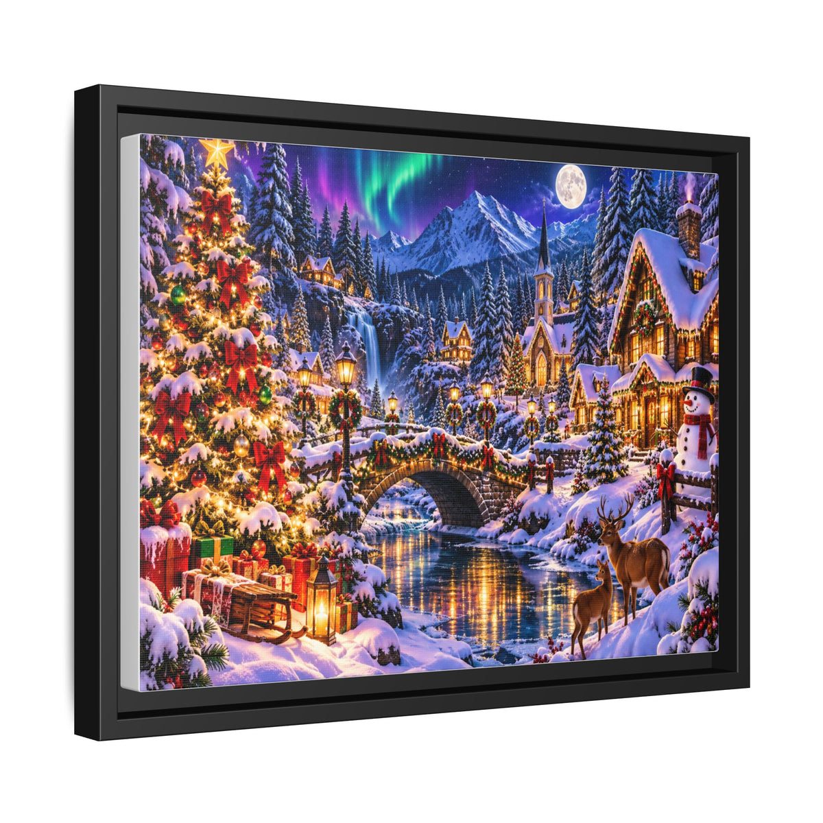 Framed Matte Canvas - Cozy Christmas Village Winter Night Wall Art