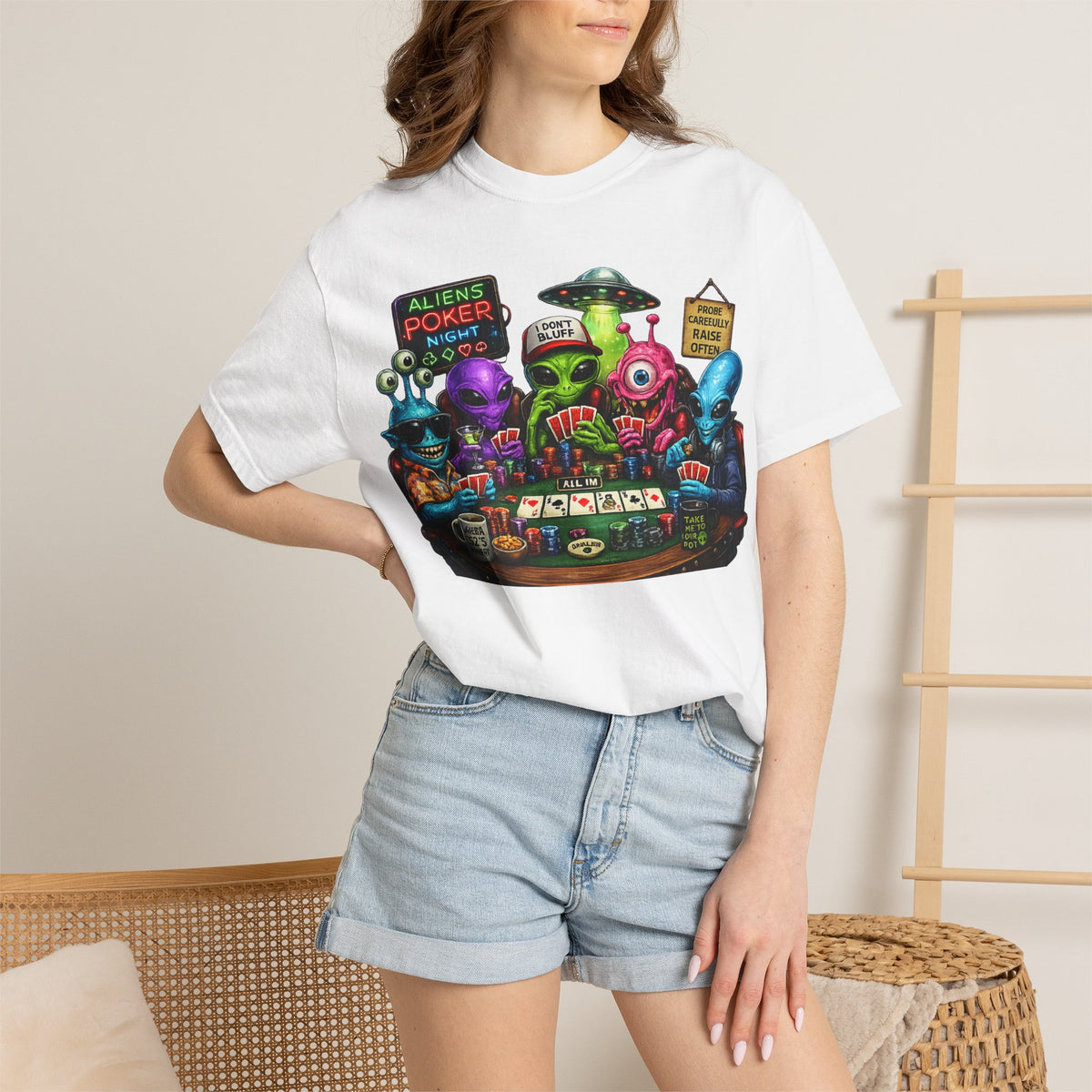 Aliens Poker Night T-shirt | Funny UFO Casino Card Game Design