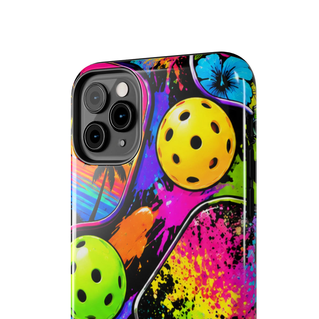 Pickleball Splash Tough Phone Case — Neon Paddle & Ball Protective Cover