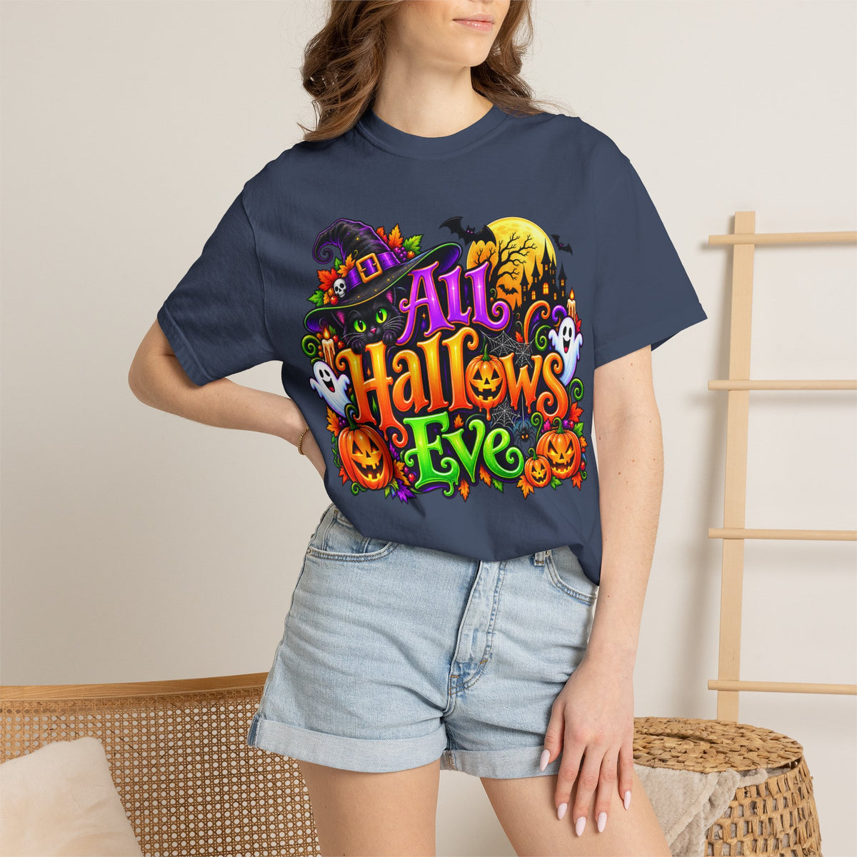 All Hallows Eve Halloween T-Shirt — Colorful Witch, Pumpkins & Ghosts Design