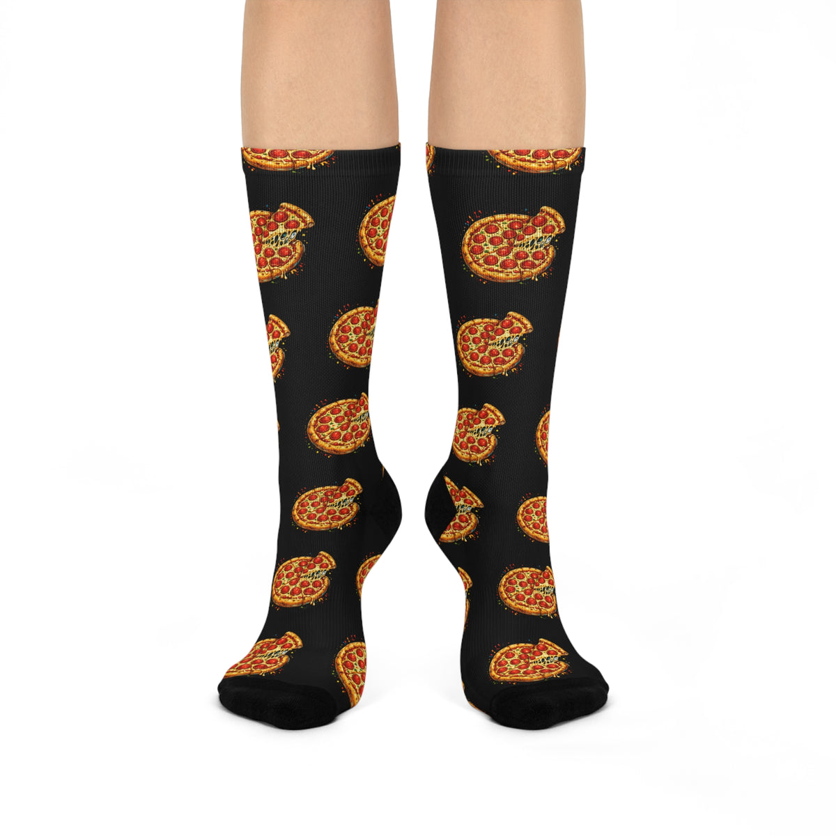Pizza Pattern Crew Socks — Fun Black Cushioned Knee-High Socks