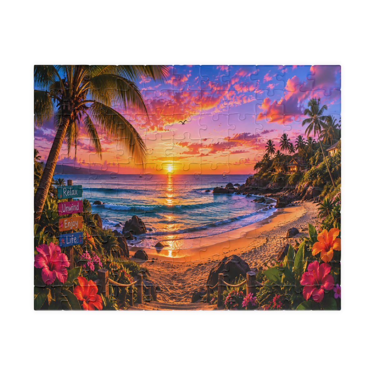 Tropical Sunset Beach Jigsaw Puzzle — Scenic Ocean View 110/252/520/1014-Piece