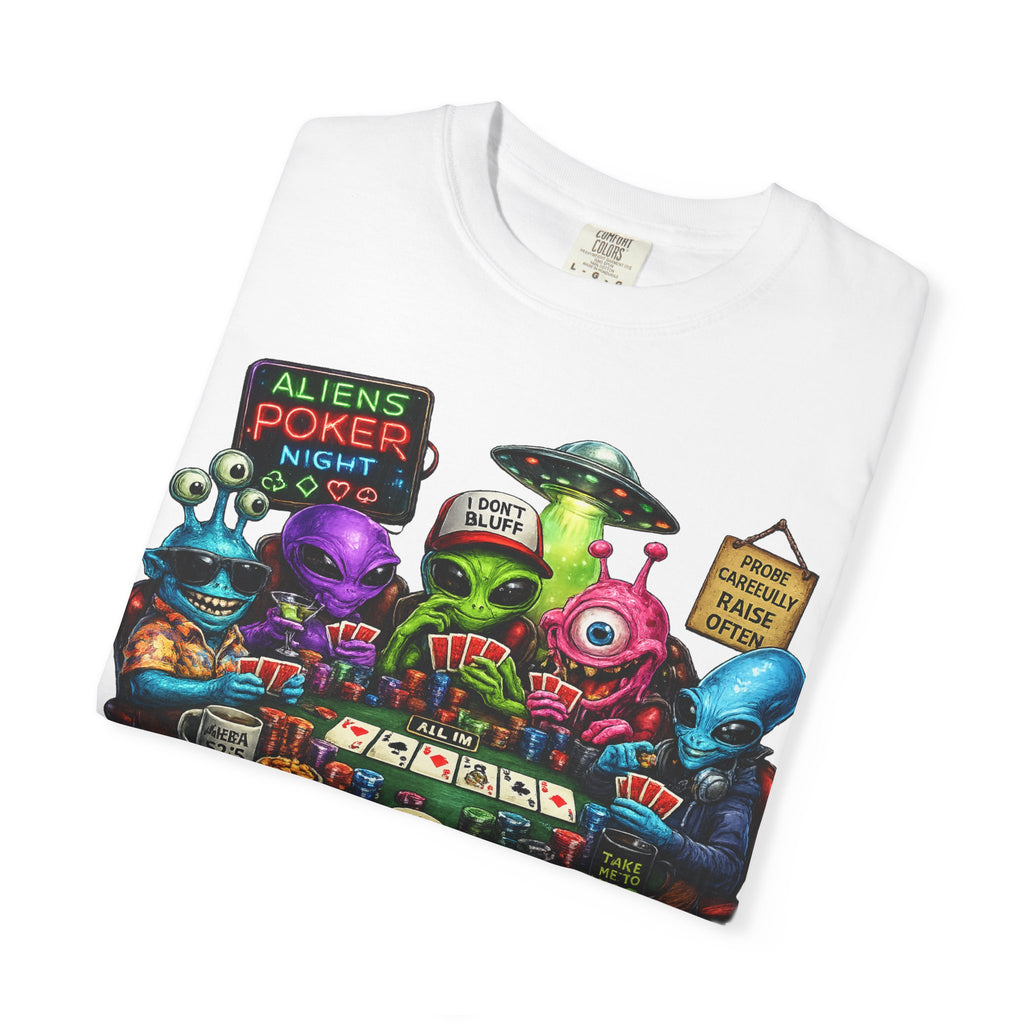 Aliens Poker Night T-shirt | Funny UFO Casino Card Game Design