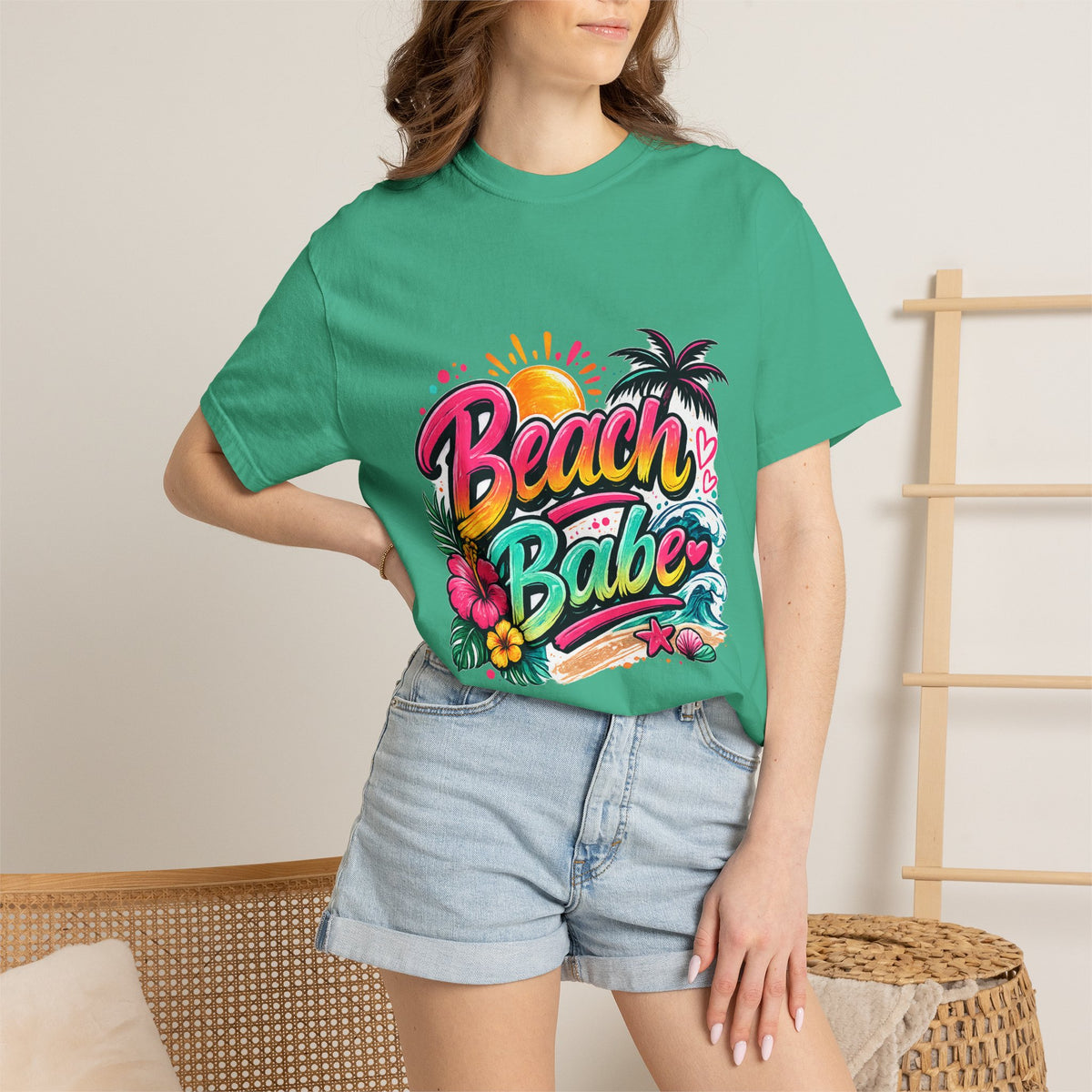 Beach Babe T-shirt | Tropical Palm Hibiscus Sunset Design