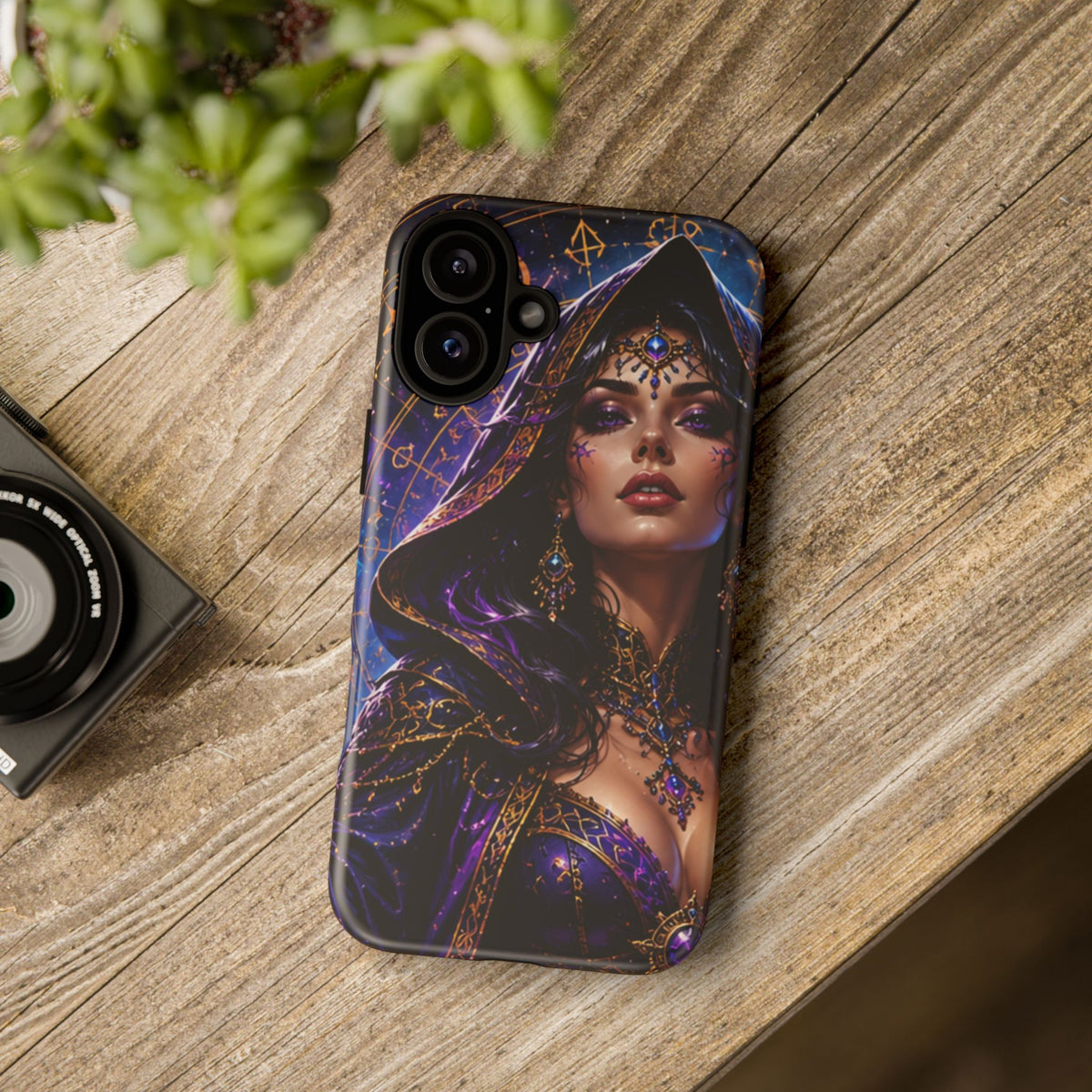 Phone Case — Mystical Sorceress Art Protective Tough Case (Astrology, Purple Hooded Witch)