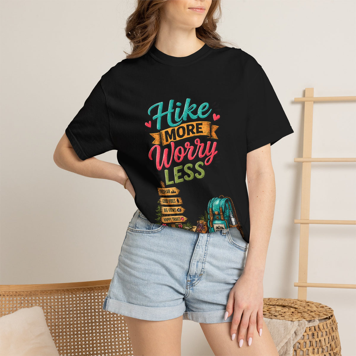Hike More Worry Less T-Shirt | Hiking Backpack Trail Sign Tee