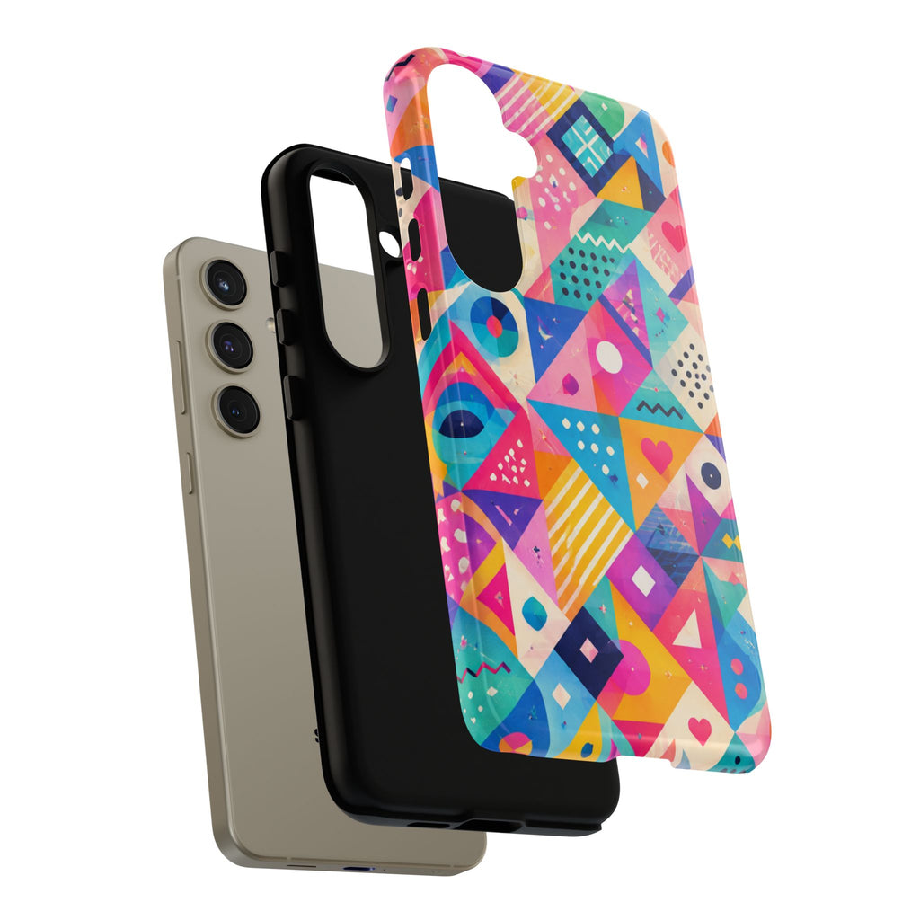 Colorful Geometric Tough Phone Case — Bright Abstract Heart & Triangle Pattern