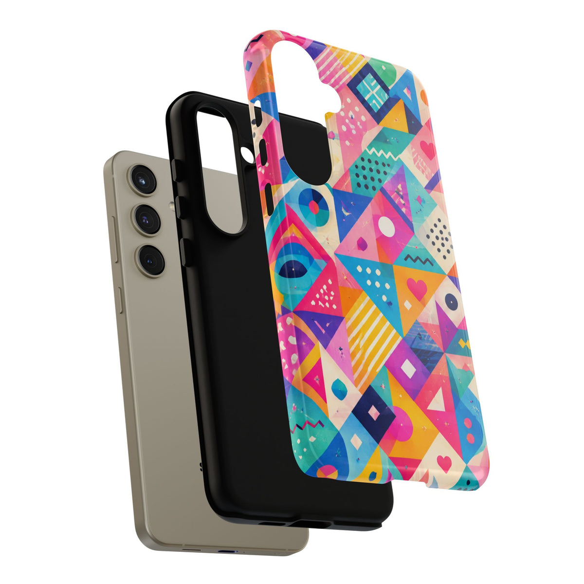 Colorful Geometric Tough Phone Case — Bright Abstract Heart & Triangle Pattern