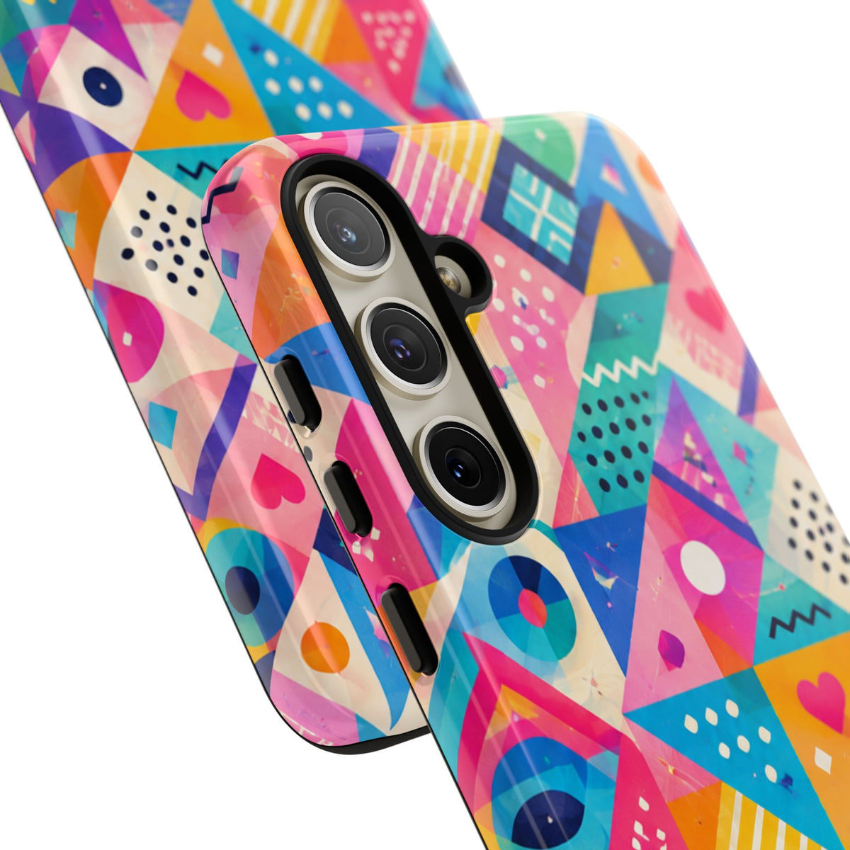 Colorful Geometric Tough Phone Case — Bright Abstract Heart & Triangle Pattern