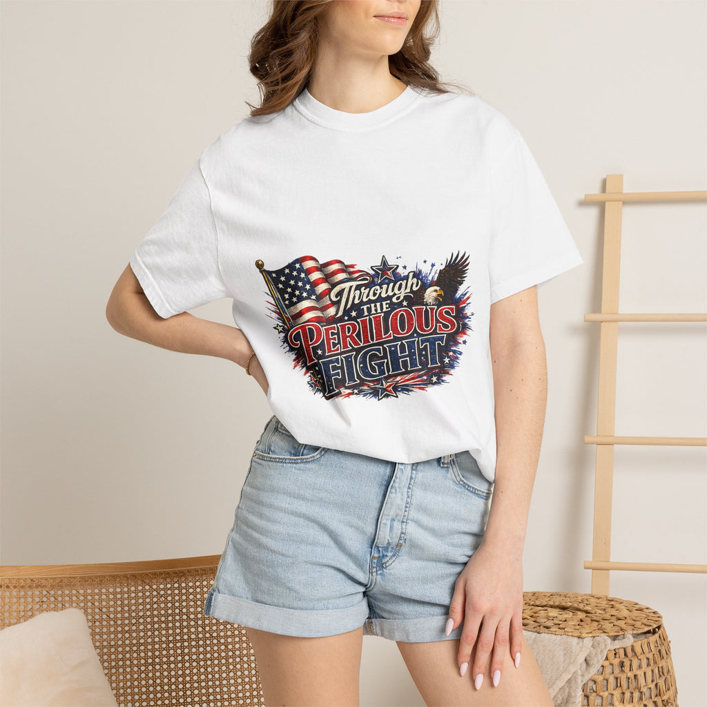 Through the Perilous Fight American Flag Eagle T-shirt | Patriotic Tee