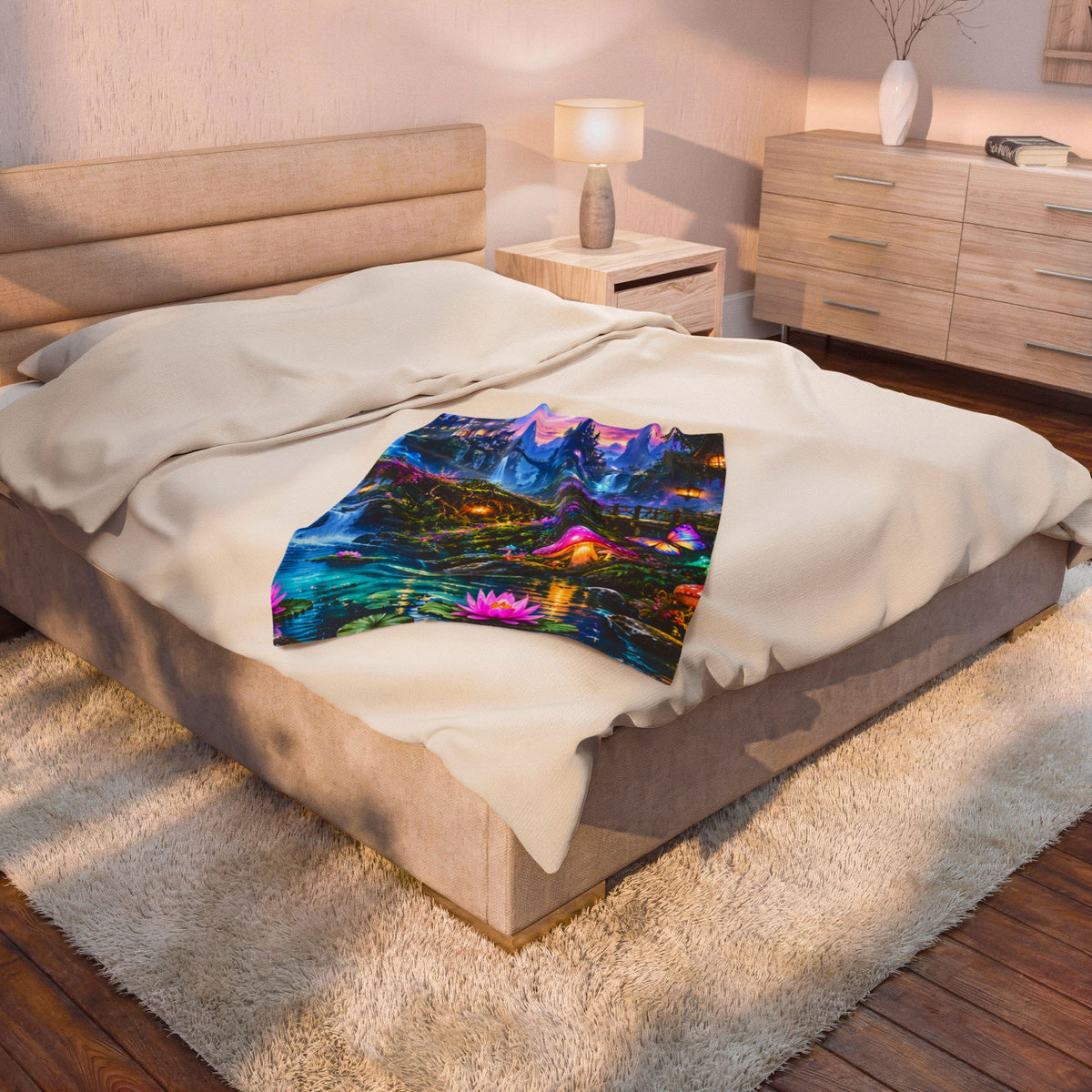 Fantasy Velveteen Plush Blanket — Enchanted Waterfall & Castle Scene