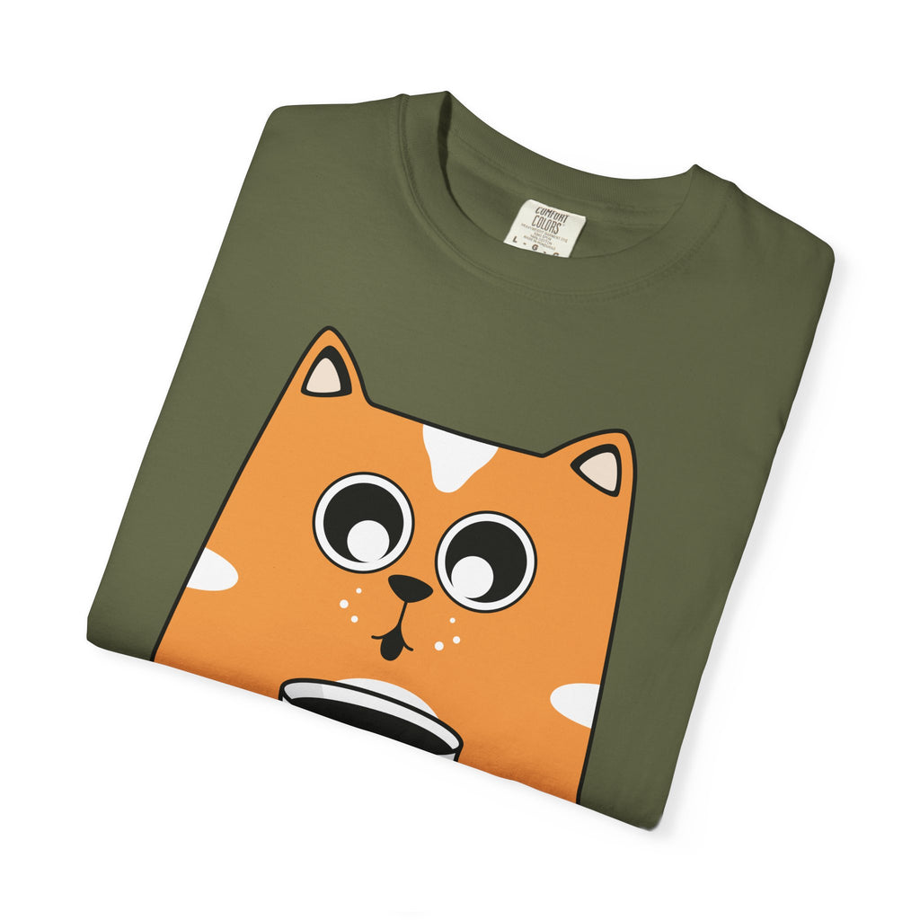 Coffee Cat T-Shirt — Cute Cat Holding Coffee Mug, “My morning doesn’t start until the coffee clocks in” Tee