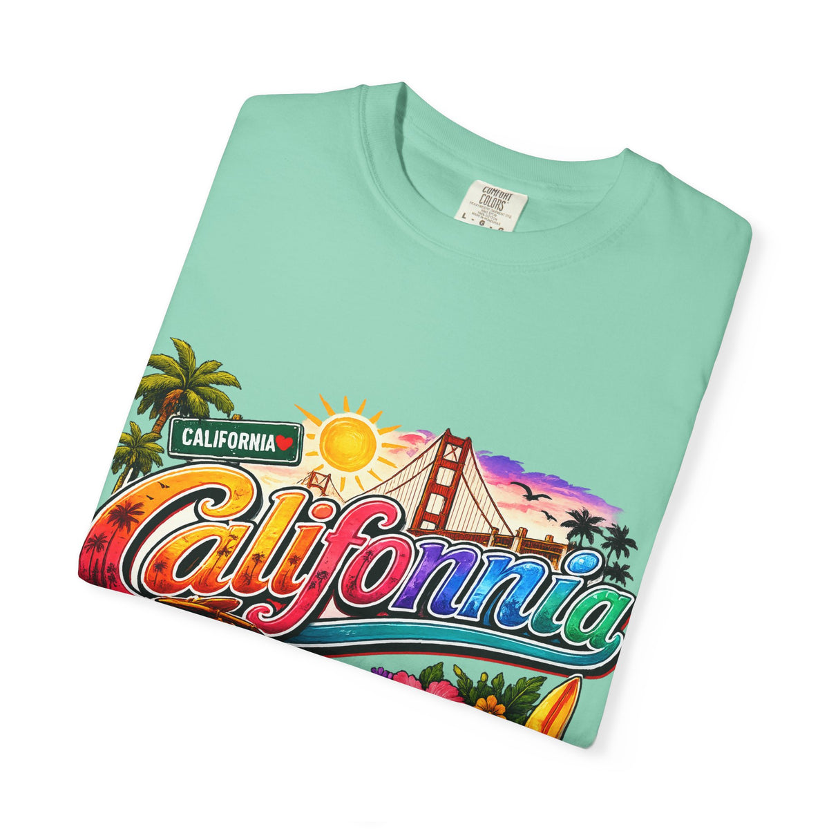 California Retro Sunset T-shirt | Golden Gate, Palm Trees & Surf