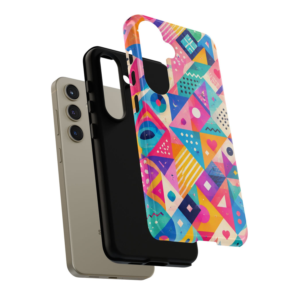 Colorful Geometric Tough Phone Case — Bright Abstract Heart & Triangle Pattern