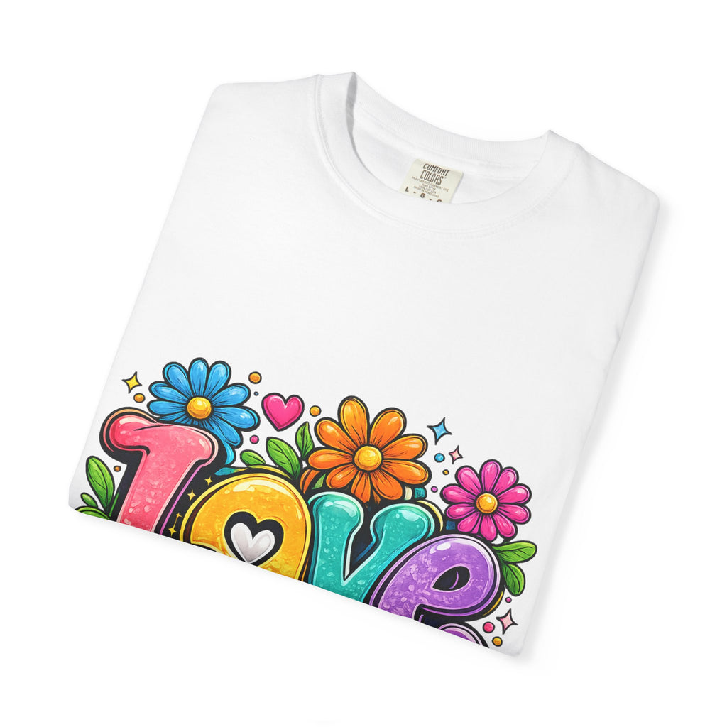 Retro Floral "Love" Design T-shirt | Colorful 70s Heart Typography