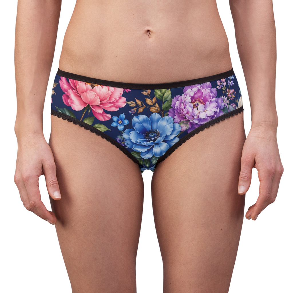 Floral Lace-Trim Women's Briefs — Navy Peony All-Over Print