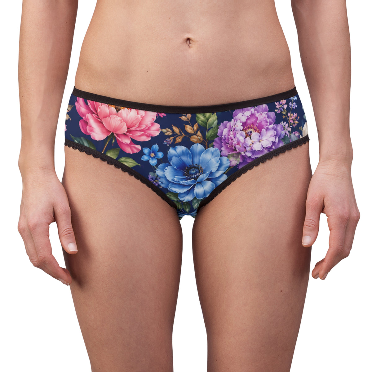 Floral Lace-Trim Women's Briefs — Navy Peony All-Over Print