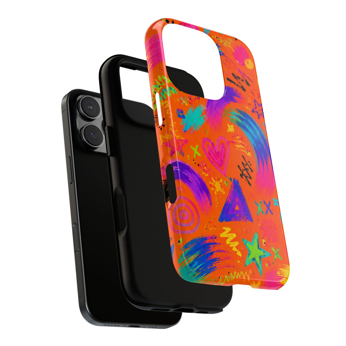Colorful Neon Doodle Phone Case — Bright Abstract Stars & Hearts Tough Case
