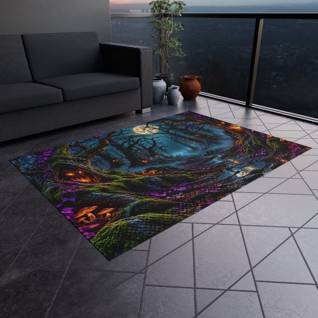 Spooky Moonlit Forest Outdoor Rug — Haunted Halloween Porch Mat