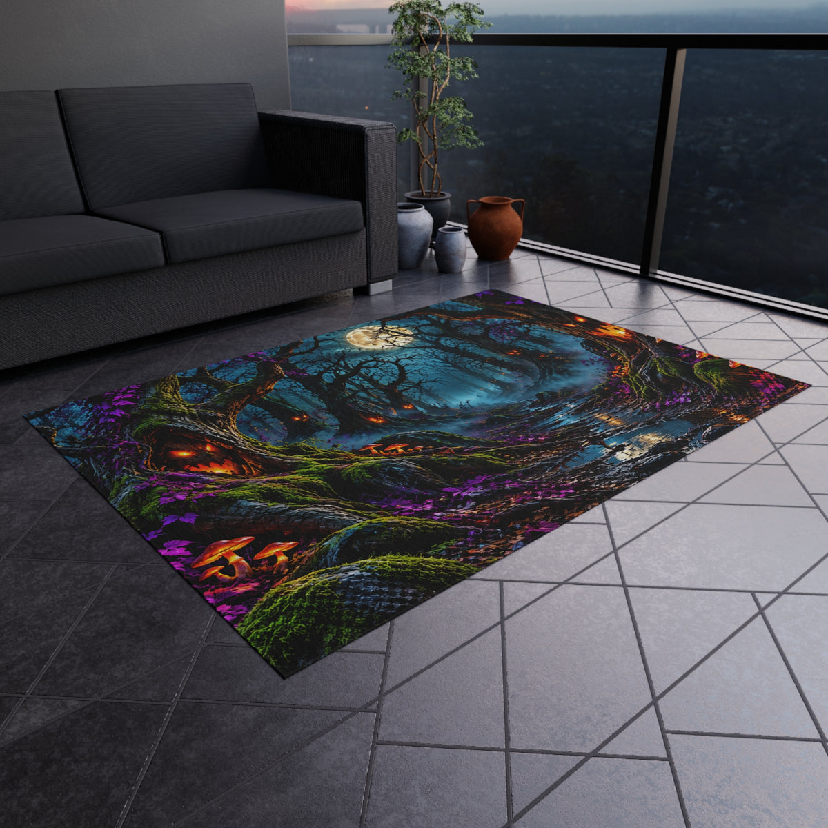 Spooky Moonlit Forest Outdoor Rug — Haunted Halloween Porch Mat