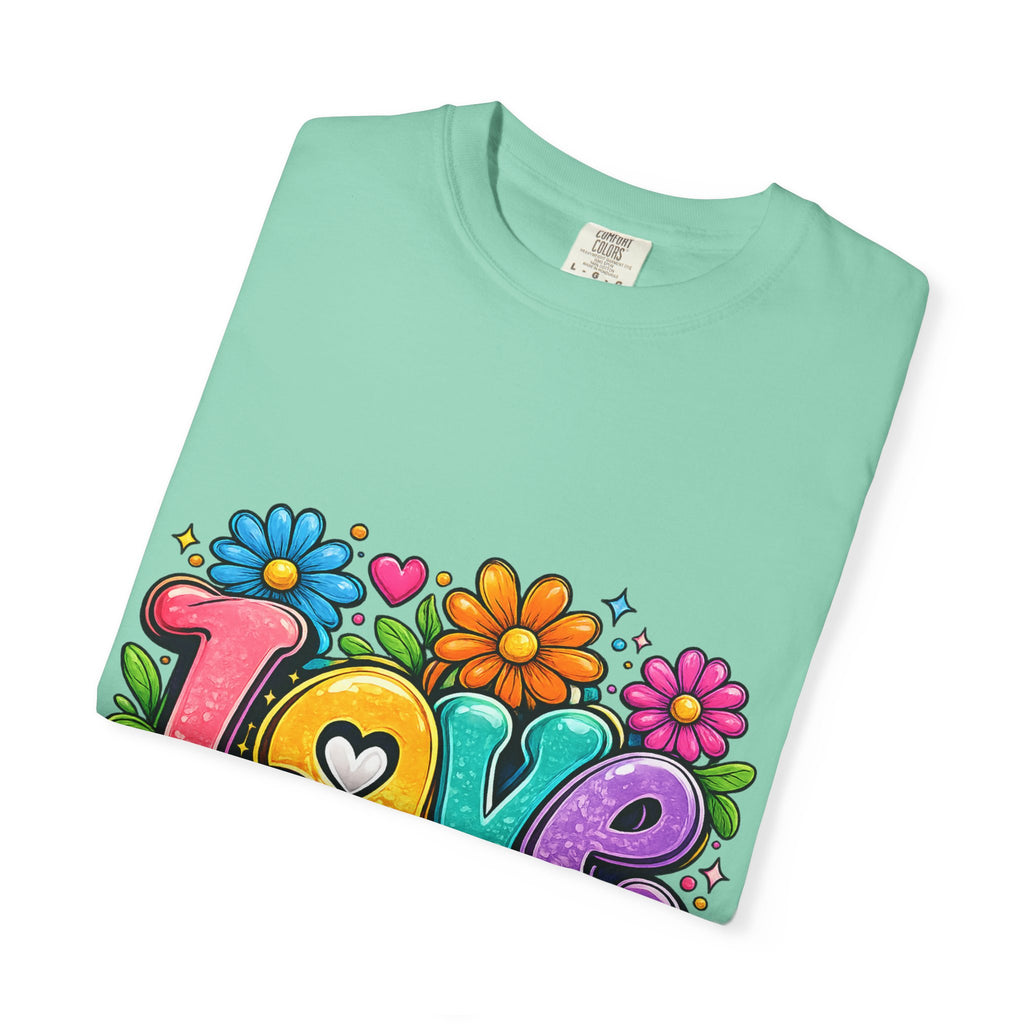 Retro Floral "Love" Design T-shirt | Colorful 70s Heart Typography