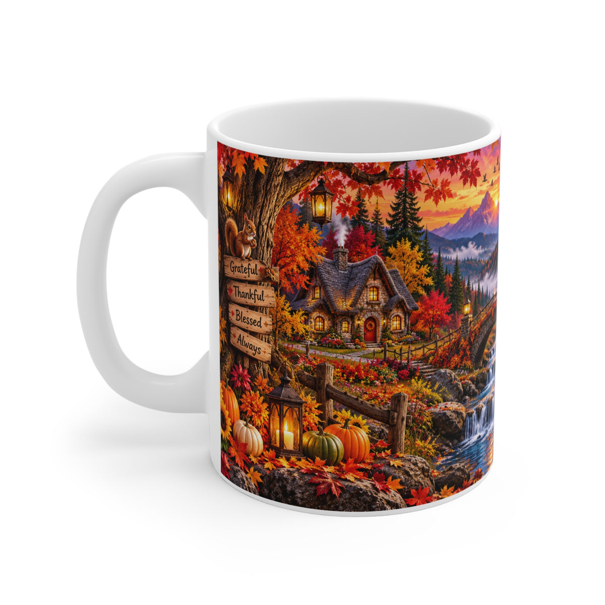Autumn Cottage 11oz Mug — Grateful Thankful Blessed Fall Scenic Coffee Cup