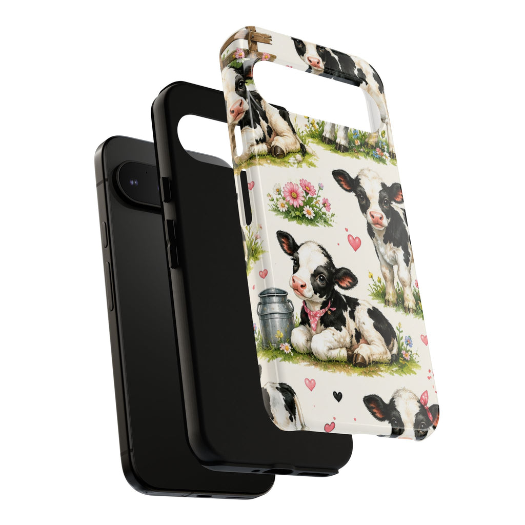 Cute Calf Pattern Phone Case – Pastel Cow Hearts & Flowers Protective Cover