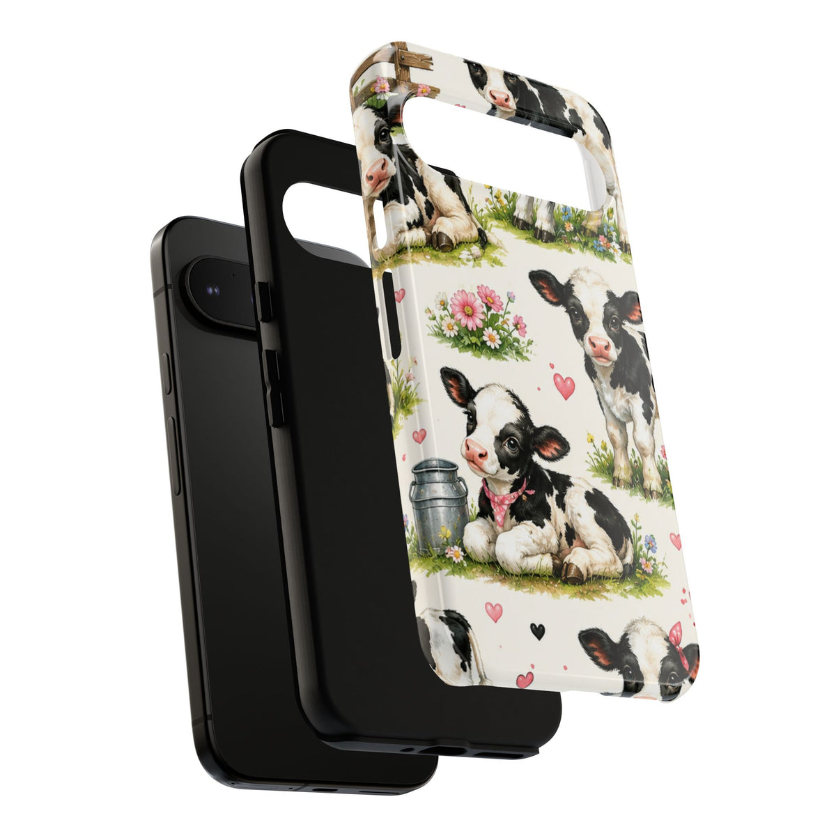 Cute Calf Pattern Phone Case – Pastel Cow Hearts & Flowers Protective Cover