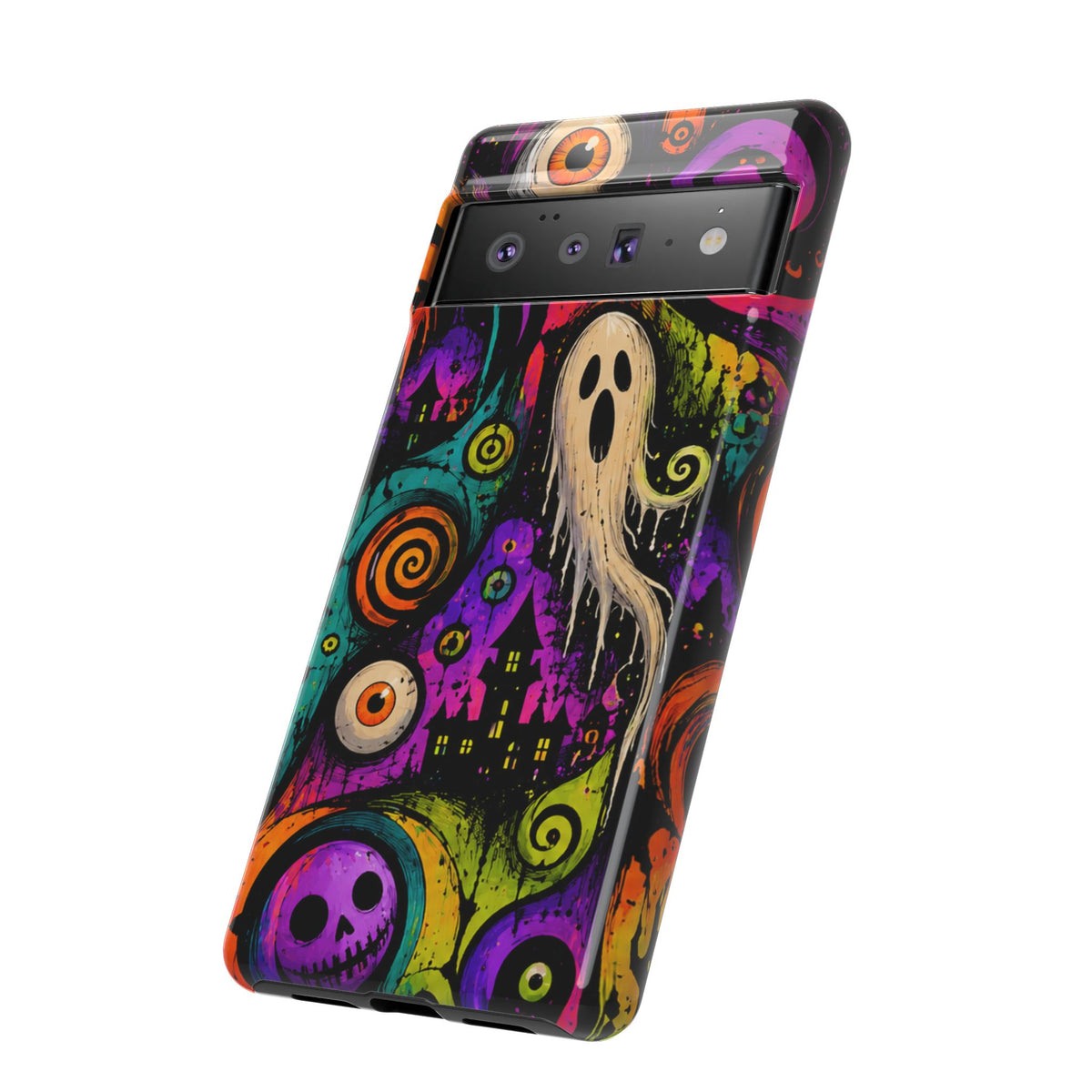 Halloween Ghost Phone Case — Colorful Spooky Skull & Haunted House Tough Case