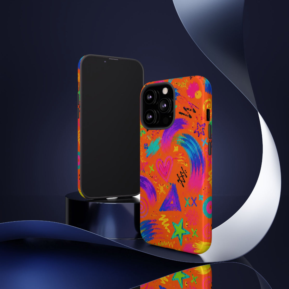 Colorful Neon Doodle Phone Case — Bright Abstract Stars & Hearts Tough Case