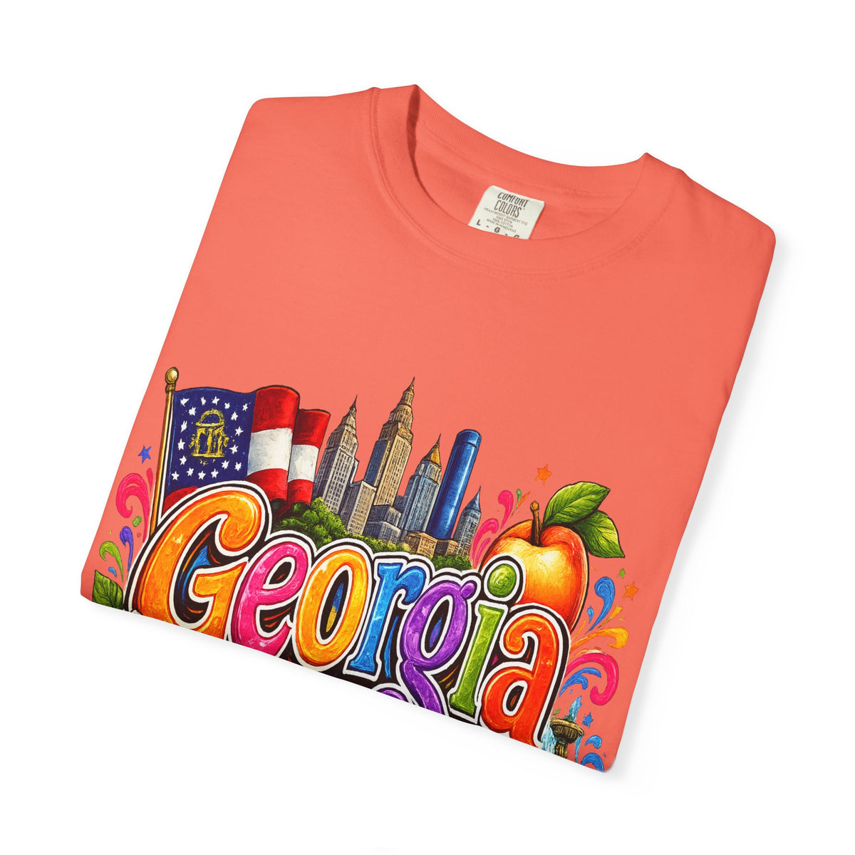 Georgia state illustration T-shirt | Atlanta skyline, peach, magnolia