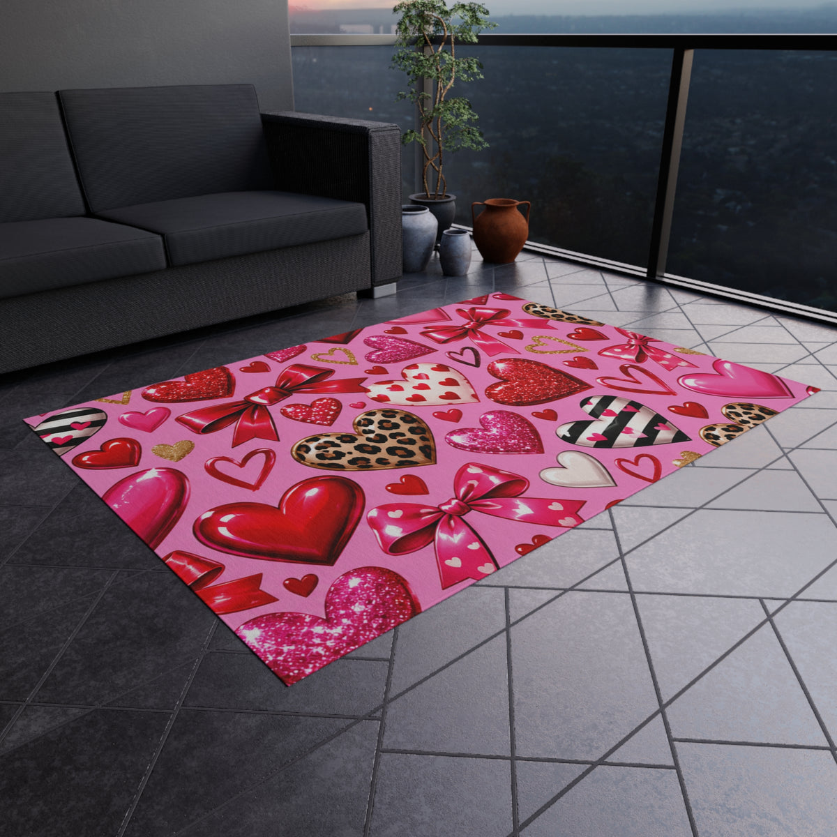 Valentine Heart Pattern Outdoor Rug - Pink Hearts & Bows Patio Mat