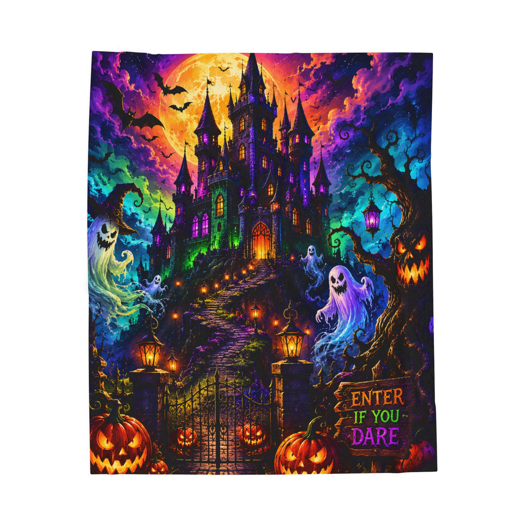 Halloween Haunted Castle Plush Blanket — "Enter If You Dare" Velveteen Throw