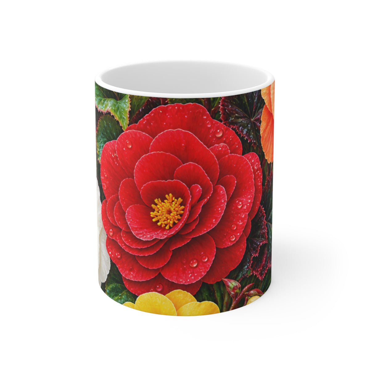 Floral Begonia Pattern Mug — Colorful Red & White Flower 11oz Ceramic