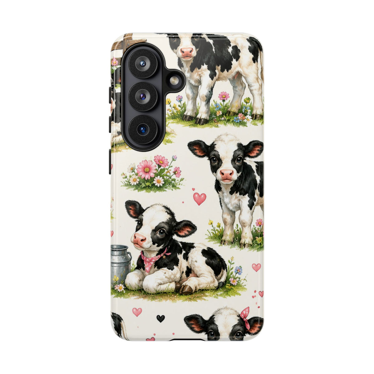 Cute Calf Pattern Phone Case – Pastel Cow Hearts & Flowers Protective Cover