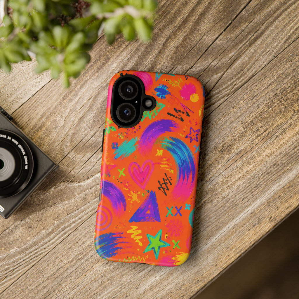 Colorful Neon Doodle Phone Case — Bright Abstract Stars & Hearts Tough Case