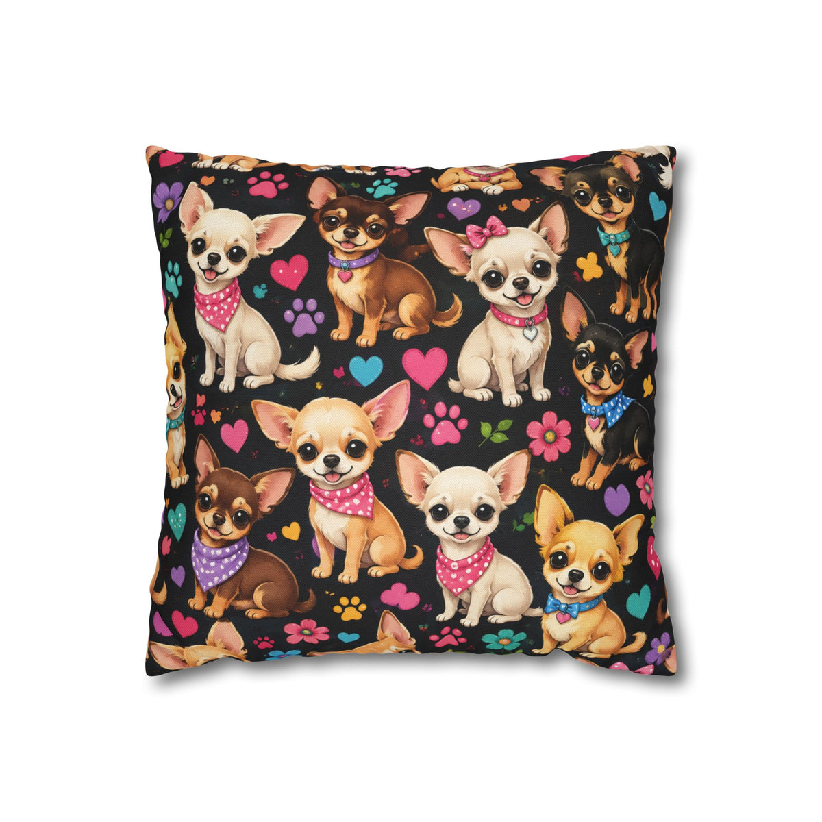 Chihuahua Pattern Pillowcase | Square Throw Pillowcase with Cute Dogs and Paw Prints