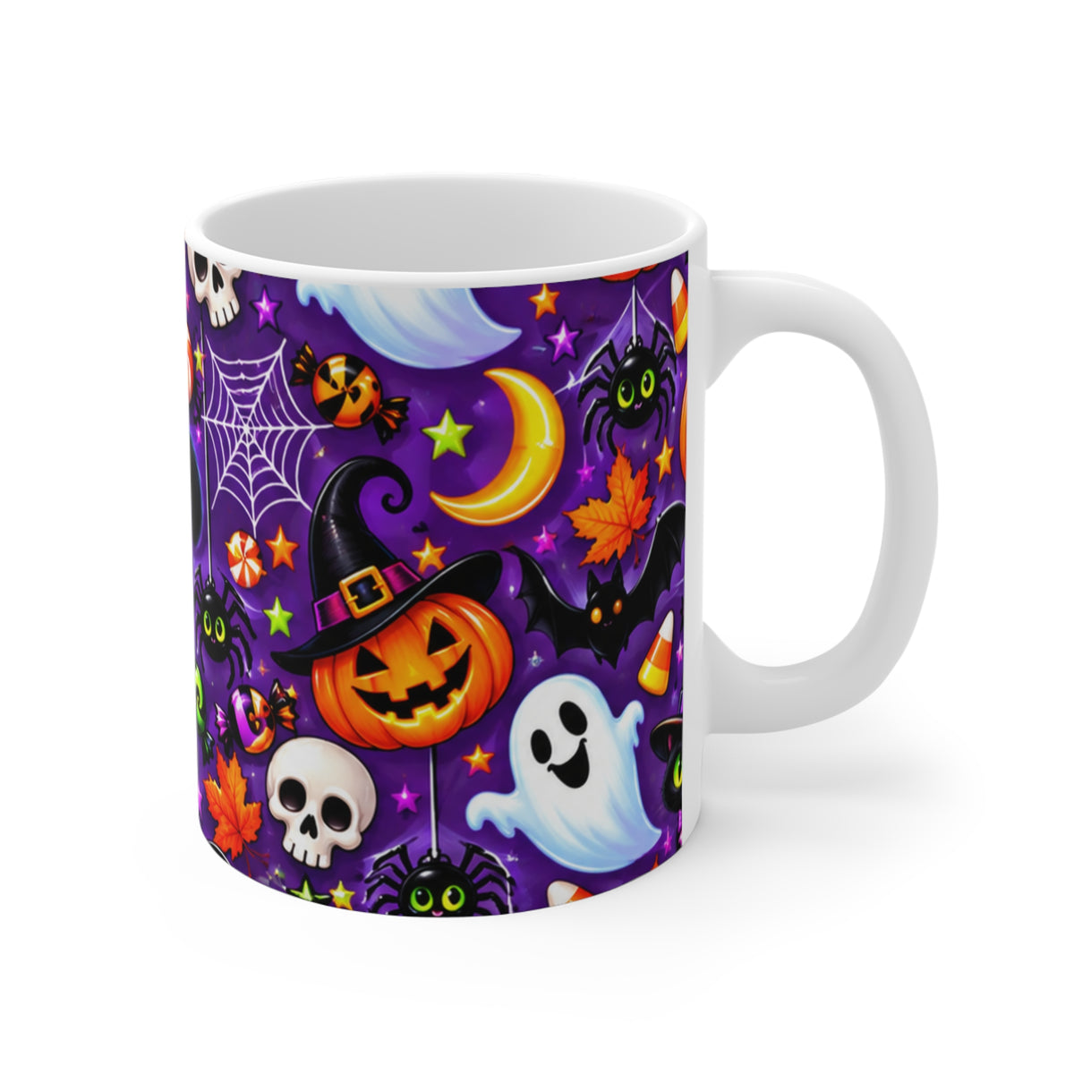 Halloween Pattern Coffee Mug — Cute Black Cats, Ghosts & Candy 11oz