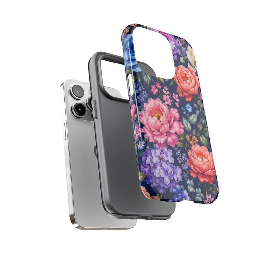 Floral Tough Phone Case – Vibrant Garden Flowers on Navy