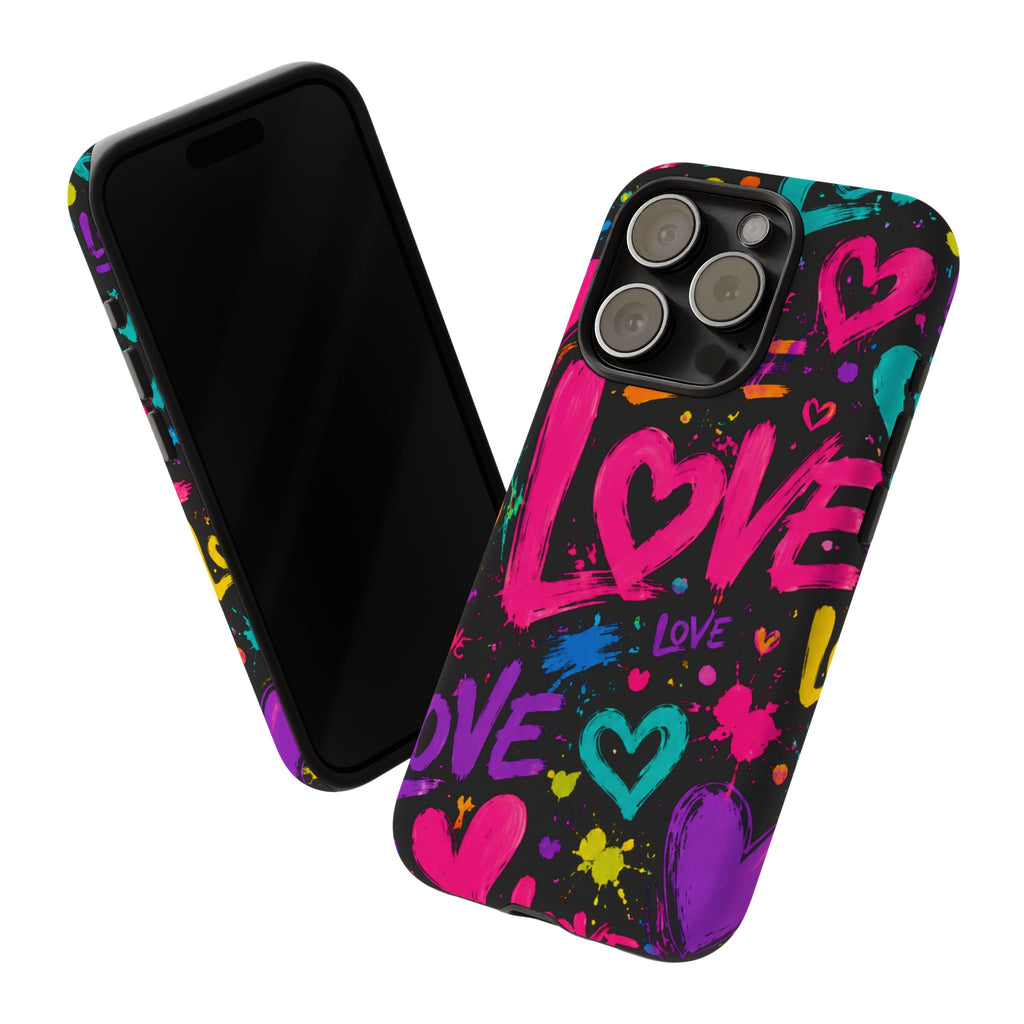 Phone Case — Neon Graffiti "Love" Hearts Protective Tough Case