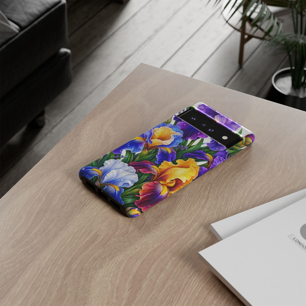 Floral Iris Tough Phone Case — Colorful Watercolor Iris Protective Cover
